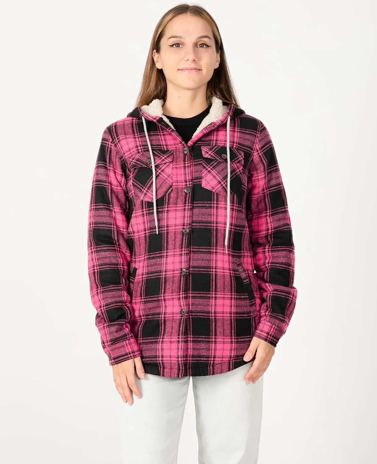 ZENTHACE Women's Sherpa Lined Plaid Flannel Jacket Button Down Hooded Flannel Shirt Jacket Warm Shacket(All Sherpa Lining)