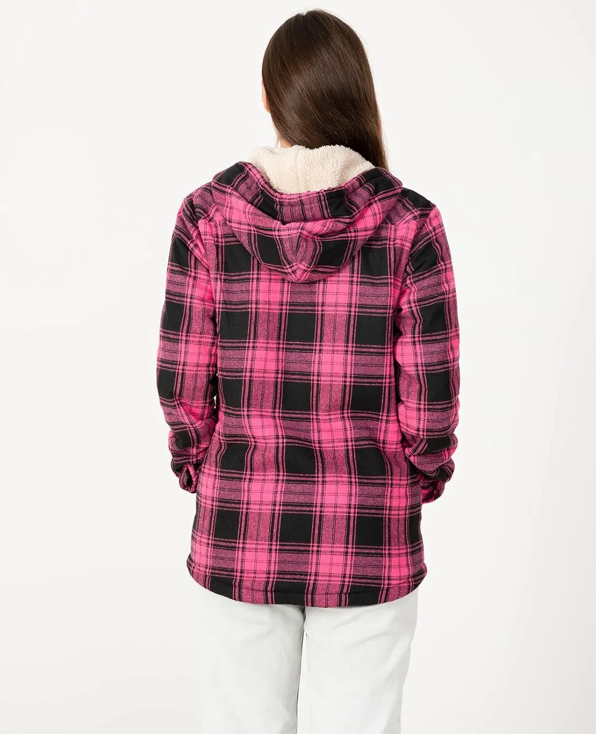 ZENTHACE Women's Sherpa Lined Plaid Flannel Jacket Button Down Hooded Flannel Shirt Jacket Warm Shacket(All Sherpa Lining)