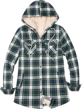 ZENTHACE Women's Sherpa Lined Plaid Flannel Jacket Button Down Hooded Flannel Shirt Jacket Warm Shacket(All Sherpa Lining)