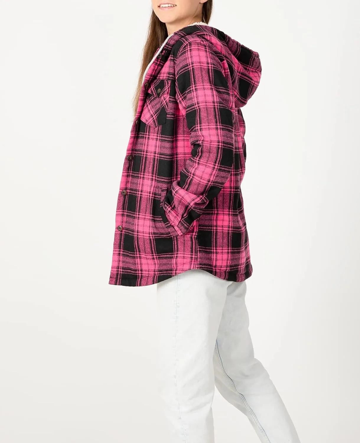 ZENTHACE Women's Sherpa Lined Plaid Flannel Jacket Button Down Hooded Flannel Shirt Jacket Warm Shacket(All Sherpa Lining)