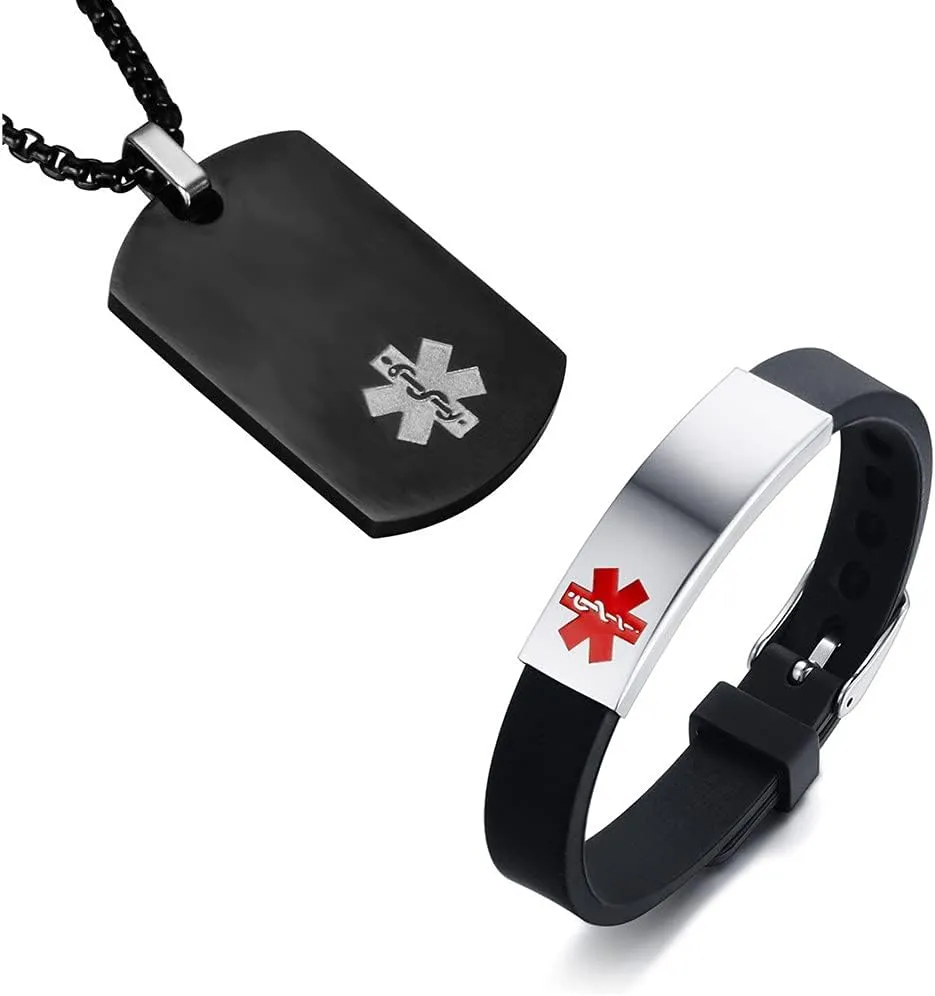 ZKXXJ Medical Alert Bracelets and Necklaces Set for Men Women Stainless Steel Medic ID Identification Pendant Necklace & Silicone Cuff Bracelet Allergy Awareness Jewelry for Adult Teen,Customizable