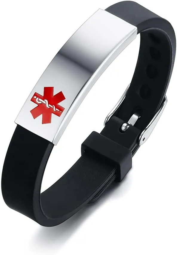 ZKXXJ Medical Alert Bracelets and Necklaces Set for Men Women Stainless Steel Medic ID Identification Pendant Necklace & Silicone Cuff Bracelet Allergy Awareness Jewelry for Adult Teen,Customizable